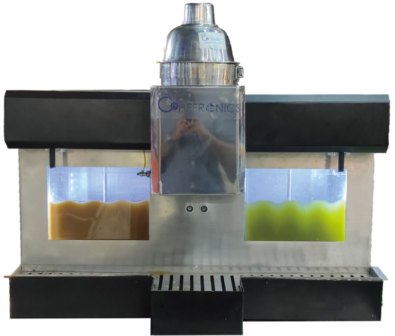 2-nozzle sensor-based Pani Puri and Ragada dispenser with 5-liter ingredient tanks and Ragada heater for timer-controlled flow for precise, hygienic, and automated service.