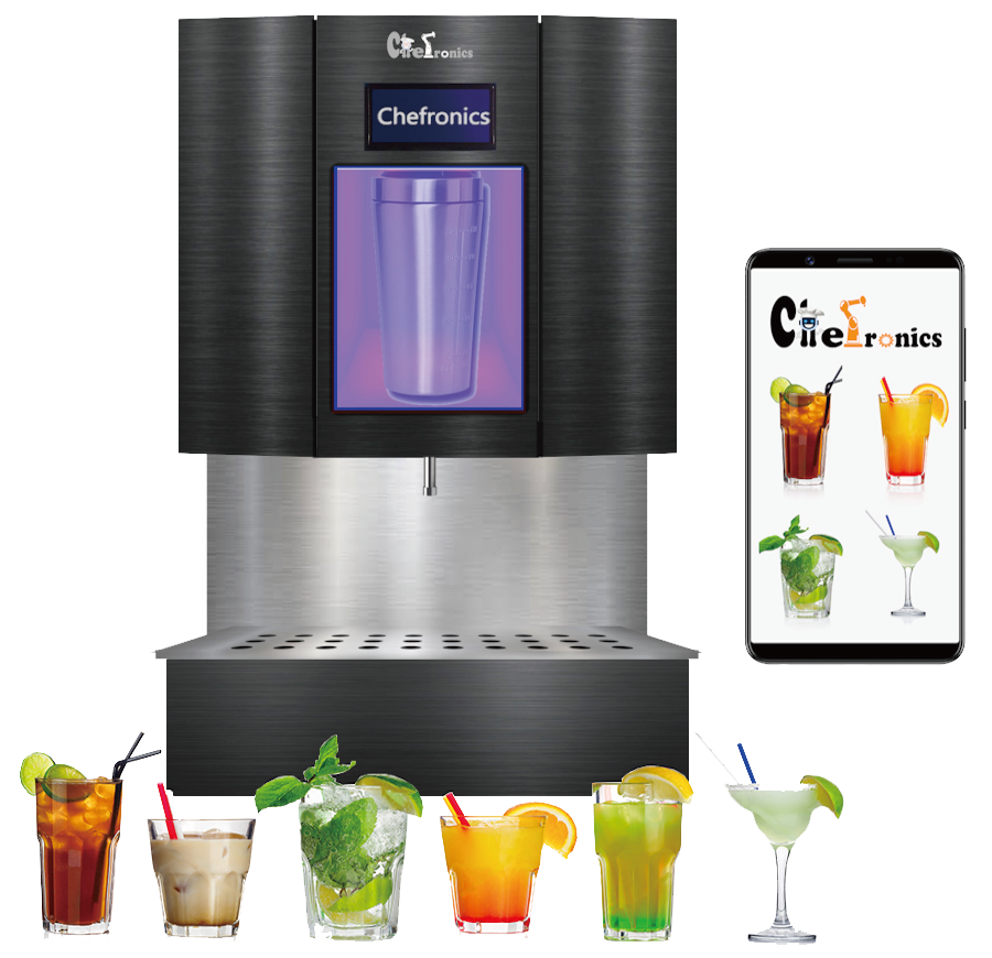Wireless Soda Mocktail Vending Machine with Bluetooth and a programmable keypad. It can create up to 10 different soda-based mocktails, with customizable liquid proportions and remote control via Bluetooth.