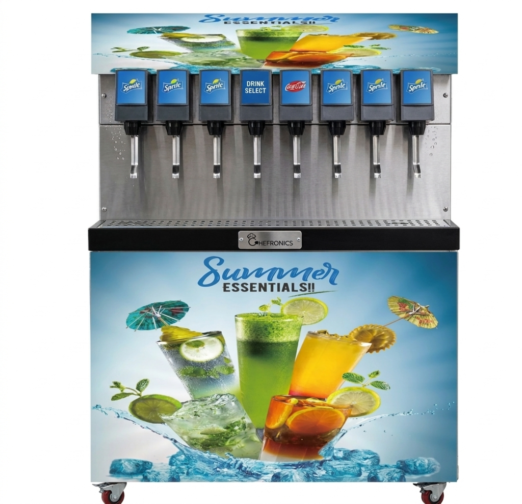Automatic 8-nozzle mocktail vending machine serving multiple refreshing beverages for cafes, restaurants, food courts, and events.